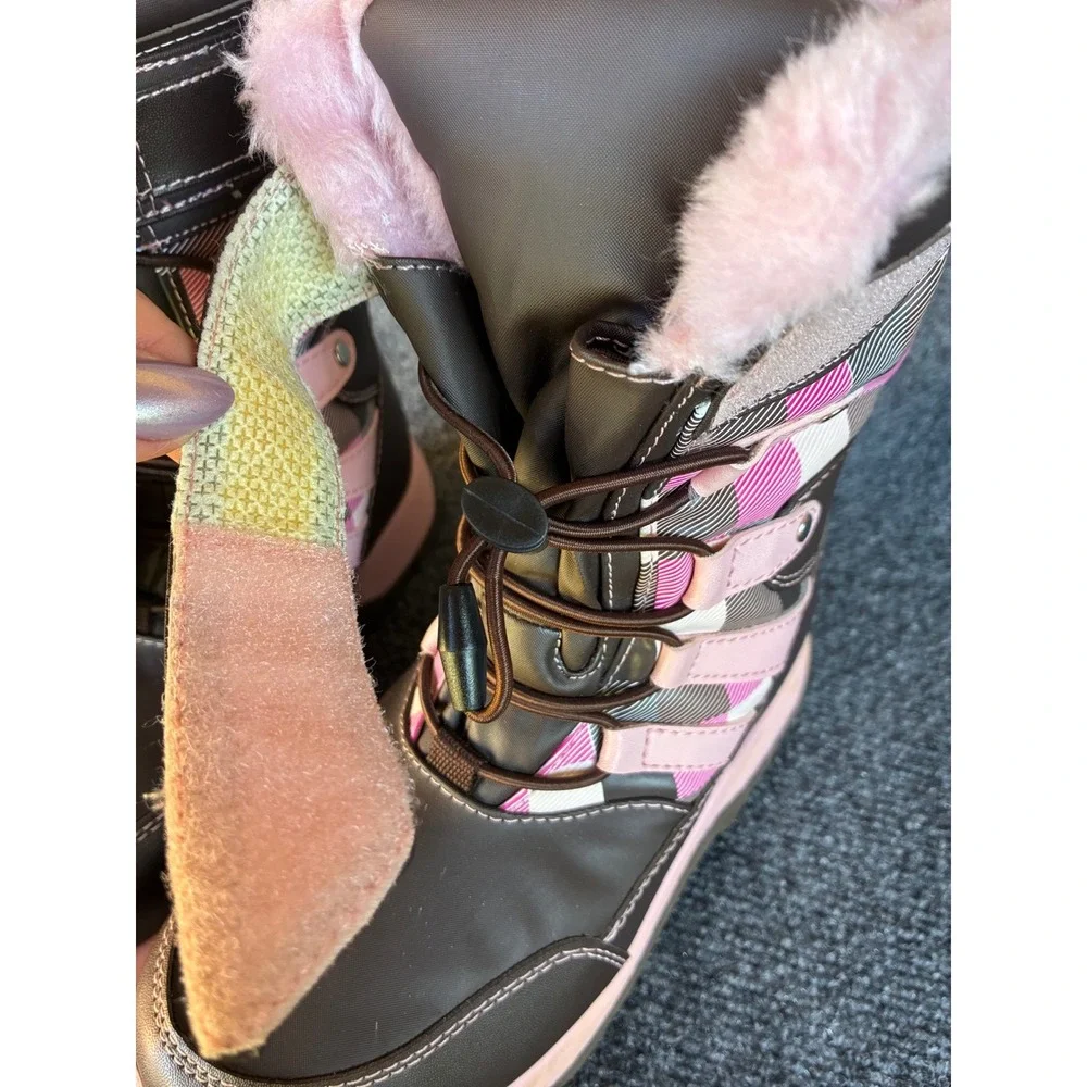 Airwalk Snow Boots Girls Size 1 Pink Brown Plaid Insulated Winter Boots